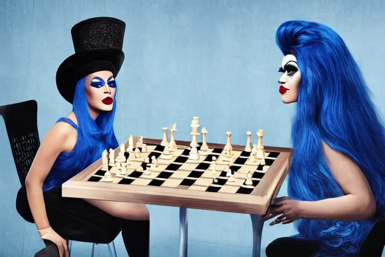 Image similar to blue hair drag queen playing chess, netflix show poster