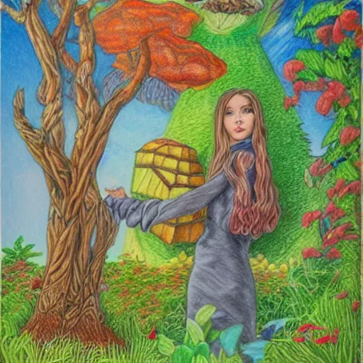 Image similar to Colored pencil art on paper, highly detailed, artstation, People, Plants and Trees, Animals, Magical Creatures, buildings, scenery, enchanted landscapes, PrismaColor