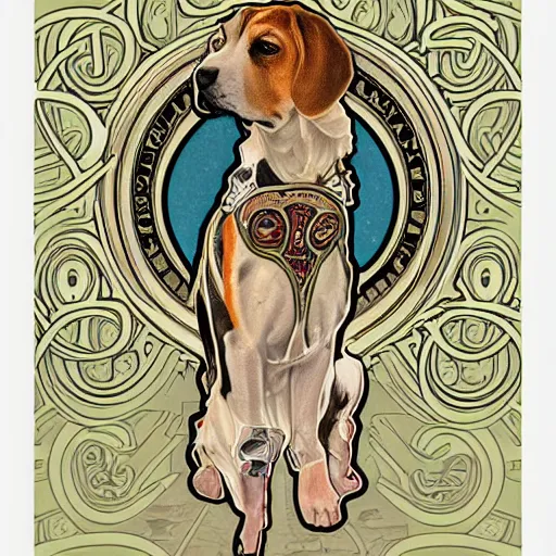 Image similar to a beagle t shirt design by alphonso mucha