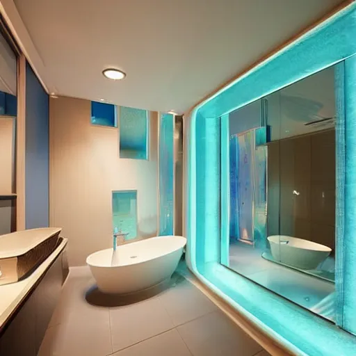 Prompt: big futuristic blue bathroom inside a spaceship startrek interior style. with a swimming pool