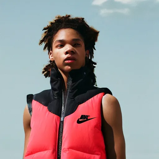 Prompt: realistic photoshooting for a new nike acg lookbook, color film photography, portrait of a beautiful woman, model is wearing a vest, photo in style of tyler mitchell, 3 5 mm,