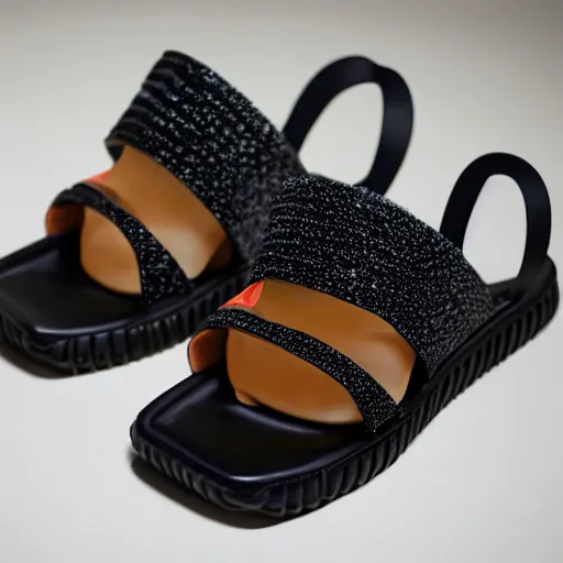 Image similar to highly detailed yeezy sandals made of jello, full view, studio photography soft light