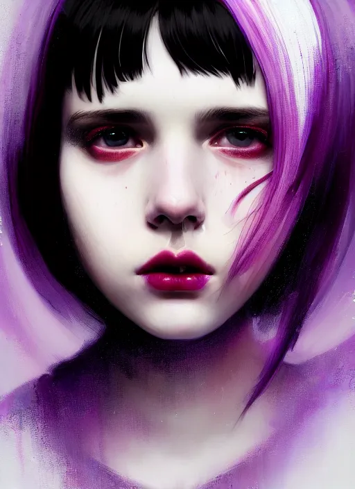 Image similar to portrait of teenage girl, red irises, bangs, black and white hair, white bangs, purple clothes, white bangs, bangs, black hair and white bangs, intricate, elegant, glowing lights, highly detailed, digital painting, artstation, concept art, smooth, sharp focus, illustration, art by wlop, mars ravelo and greg rutkowski