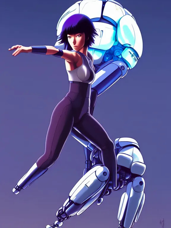 Image similar to a fullbody portrait of motoko kusanagi riding on top of a tachikoma, the major ghost in the shell : : stand alone complex, under repairs, maintenance : : by ilya kuvshinov, rossdraws, artgerm, sola digital arts, anti aliasing, raytracing : :