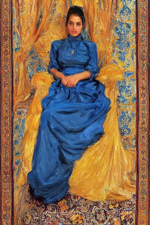 Image similar to gorgeous iranian girl wear detailed golden blue dress lay down on a detailed persian carpet, a big tree palm persian pot, painting by john singer sargent