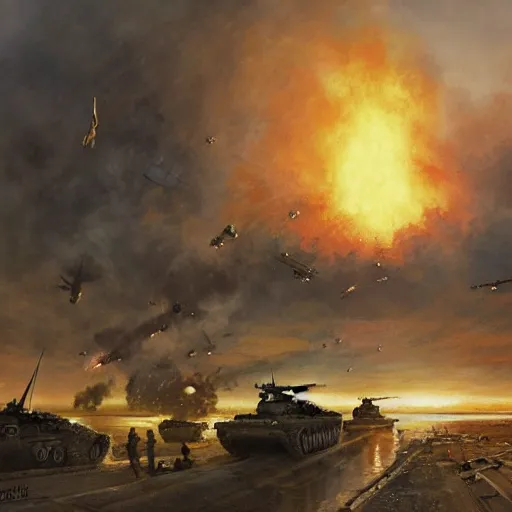 Prompt: all of the soldiers landing at france in 1 9 4 4 d - day and they're all fighting the germans in the background there is a huge explosion in a couple of german bunkers by greg rutkowski