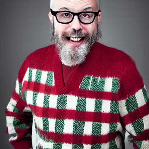 Prompt: portrait photograph of a mostly bald man with thick glasses, a toothbrush mustache and a red and green checkered sweater vest