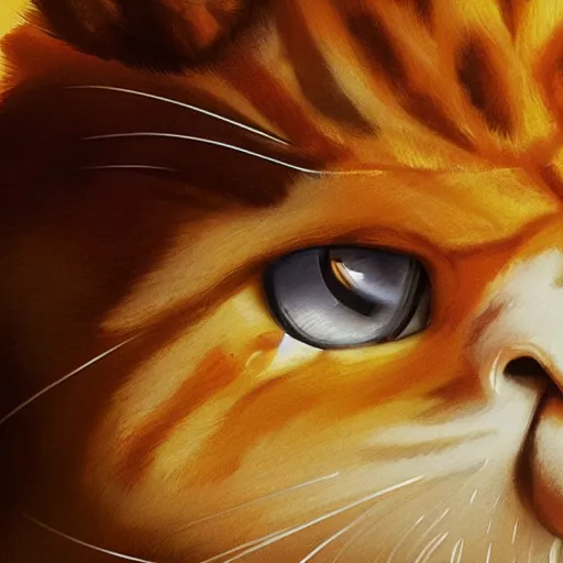 Prompt: close up of garfield with lasagna realistic shaded, fine details, realistic shaded lighting poster by greg rutkowski