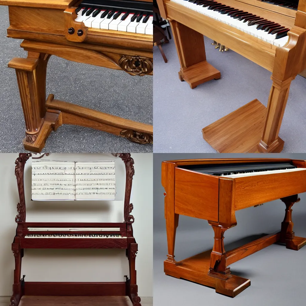 Prompt: a simple but ornate piano stand made out of oak for a stage piano