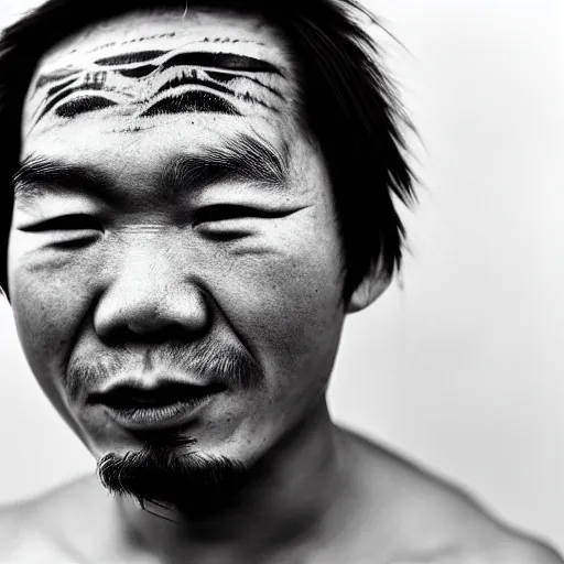 grizzled young chinese man with tribal face tattoos, Stable Diffusion