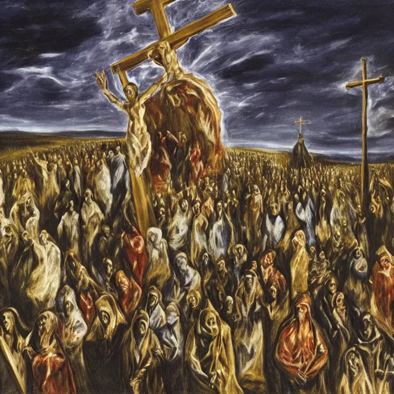 Image similar to A Holy Week procession of souls in a Spanish landscape at night. A figure at the front holds a cross, trending on artstation, 50mm, by El Greco, Remedios Varo y Salvador Dali.