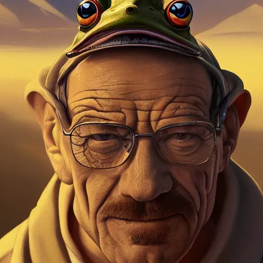 Image similar to a frog and walter white, intricate, highly detailed, digital painting, artstation, concept art, smooth, sharp focus, illustration, unreal engine 5, 8 k, art by artgerm and greg rutkowski and alphonse mucha