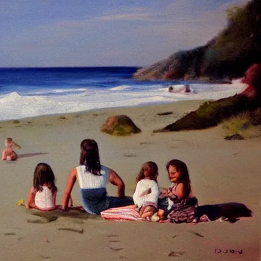 Prompt: family on the beach, early twenty century, hand painted photo