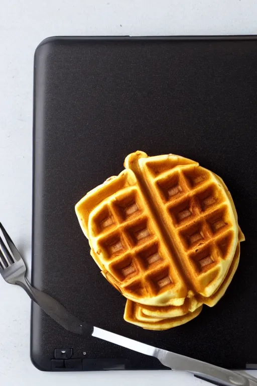 Prompt: eggo waffles and maple syrup on a black laptop computer