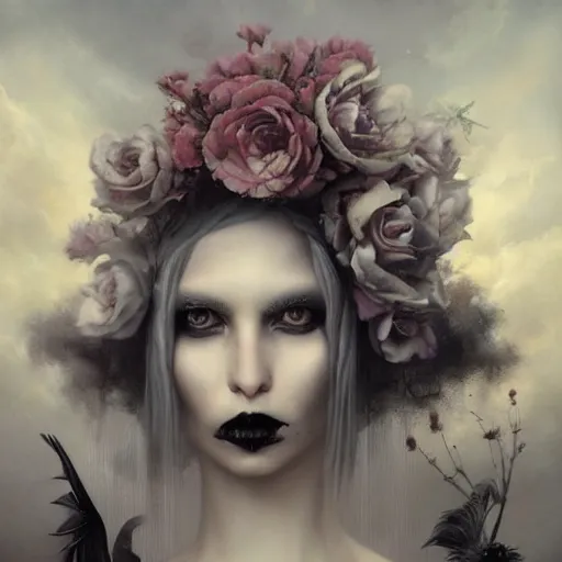 Image similar to By Tom Bagshaw, ultra realist soft painting of a curiosities carnival by night, very beautiful female dollpunk in full gothic dress, symmetry accurate features, very intricate details, omnious sky, black and white, volumetric light clouds