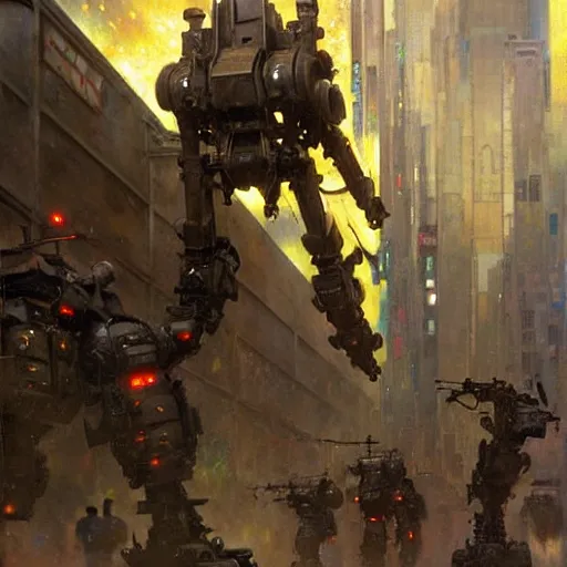 Image similar to six meters tall mech fighting in an urban environment, minigun, by gaston bussiere craig mullins jc leyendecker gustav klimt artgerm greg rutkowski john berkey, bergey, craig mullins, ruan jia, raymond swanland, jeremy mann, tom lovell, alex malveda