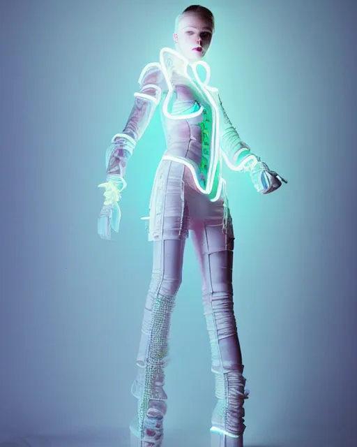 Image similar to full body shot of young punk woman dressed in futuristic cyberpunk clothing, neon light, soft diffused light, bjork aesthetic, translucent, by rineke dijkstra and artgerm, intricate details, highly detailed, masterpiece, 8 5 mm