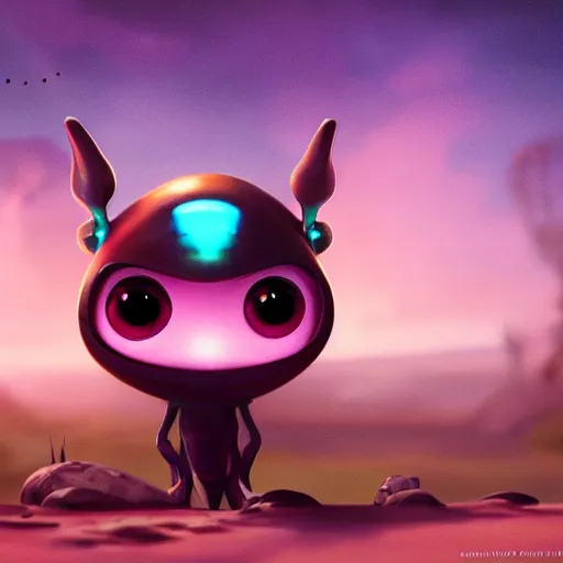 Image similar to adorable glowing alien, trending on artstation, cute, big eyes, matte painting, concept art, pixar, disney, highly detailed, cinematic composition, unreal engine, 3 d rendered in octane