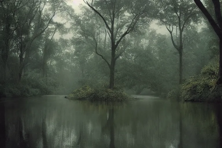 Image similar to a beautiful serene landscape filled with rivers and trees, rainy day, beautiful lighting, high depth, ultra realistic, artistic, by annie leibovitz