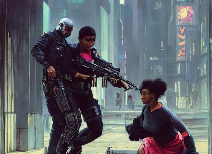 Prompt: Maria igwe evades sgt Griggs. clever Cyberpunk hacker escaping Menacing Cyberpunk police trooper griggs. (dystopian, police state, Cyberpunk 2077, bladerunner 2049). Iranian orientalist portrait by john william waterhouse and Edwin Longsden Long and Theodore Ralli and Nasreddine Dinet, oil on canvas. Cinematic, vivid colors, hyper realism, realistic proportions, dramatic lighting, high detail 4k