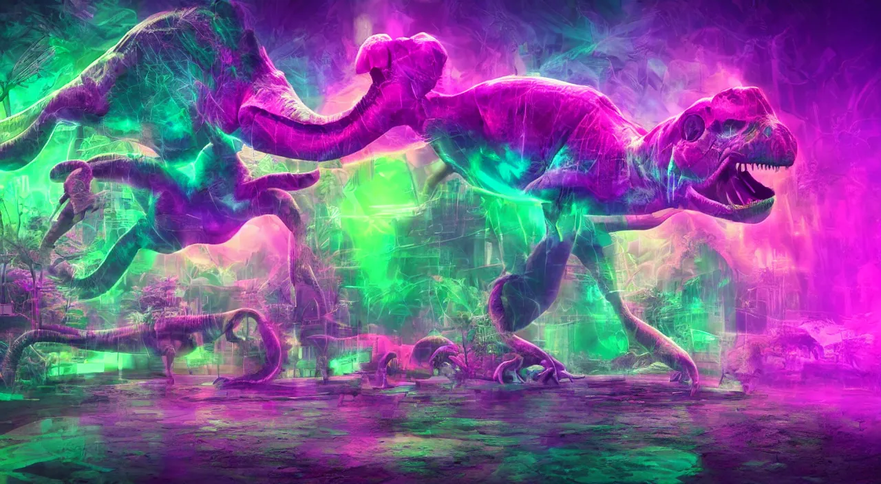 Image similar to spectral purple neon dinosaur, spectral neon pink dinosaur, spectral yellow neon dinosaur, green jungle background, detailed, ultrawide landscape