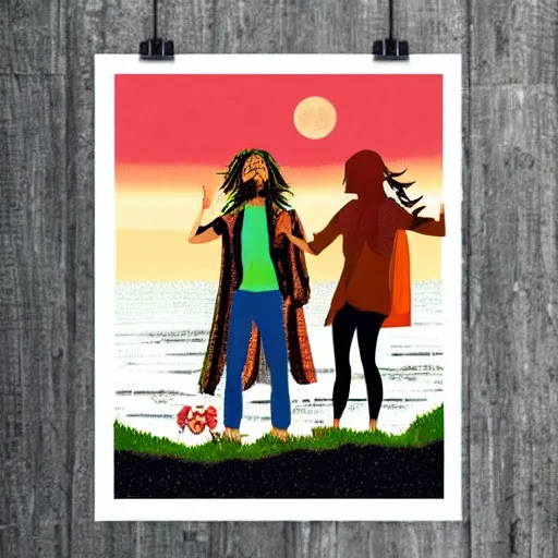 Prompt: a hippie poster of 2 people hitchhiking at the edge of the road with a caravan,