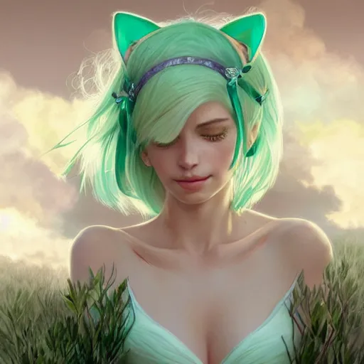 Image similar to ultra realistic illustration, dream girl with white hair, with light green eyes, with cat ears, in a sundress, intricate, elegant, highly detailed, digital painting, artstation, concept art, smooth, sharp focus, illustration, art by artgerm and greg rutkowski and alphonse mucha