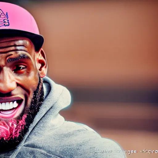 Prompt: paparazzi photo of Lebron James on a pink scooter in a skatepark, ultra high definition, professional photography, dynamic shot, smiling, high angle view, portrait, Cinematic focus, Polaroid photo, vintage, neutral colors, soft lights, foggy, by Steve Hanks, by Serov Valentin, by lisa yuskavage, by Andrei Tarkovsky 8k render, detailed, oil on canvas