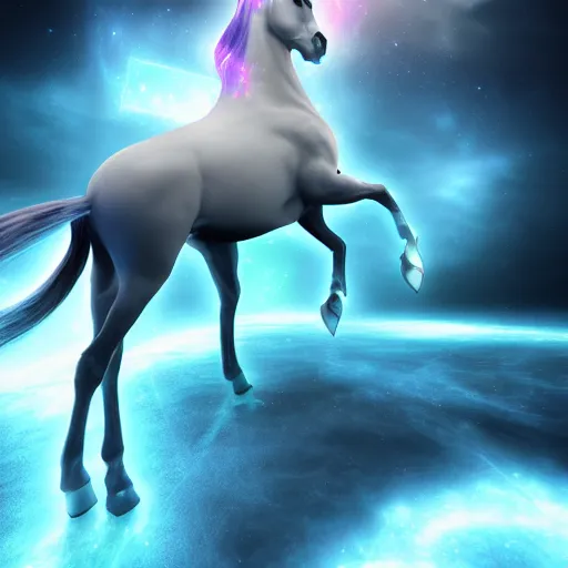 Prompt: cyber horse in the spirit realm, ice, cosmic, octane render, digital painting, award winning photograph