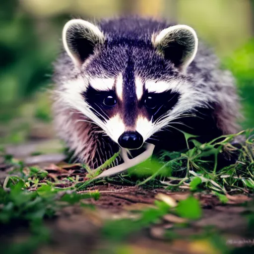 Image similar to a cute baby raccoon playing with a white sneaker shoe, strings undone, 5 0 mm f 1. 4, soft lighting