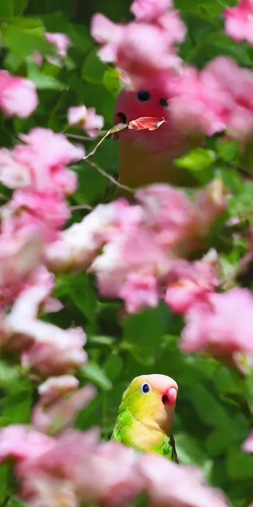 Image similar to a cute pink and white rosy - faced lovebird eating an ice cream in a flower garden. cell phone photograph