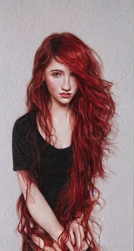 Image similar to beautiful girl, long wavy hair, small nose, freckles, red hair, portrait, photorealistic oil painting, highly detailed, pretty woman, attractive, black dress, tight dress