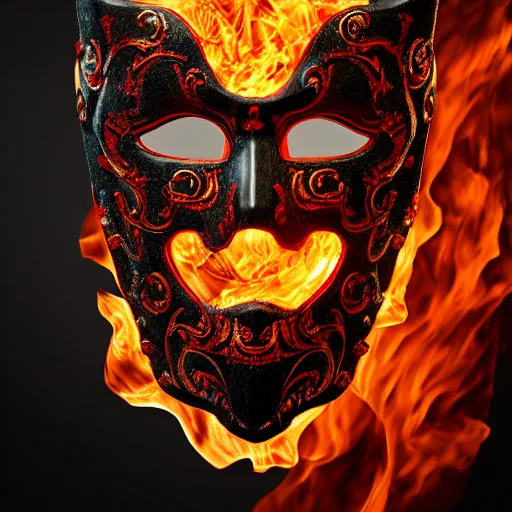 Image similar to an elaborate intricate mask made of flames on an obsidian slab, rendered in octane, behance hd, bokeh obsidian backdrop