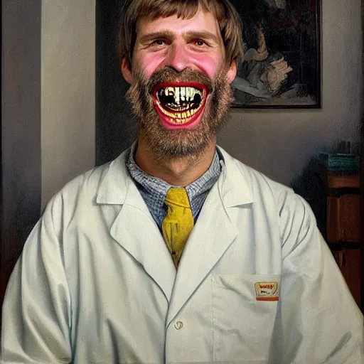 Image similar to dentist portrait of a dentist with large, giant teeth, rotten teeth, yellow, broken, cavities, moldy by Mark Brooks and Dod Procter