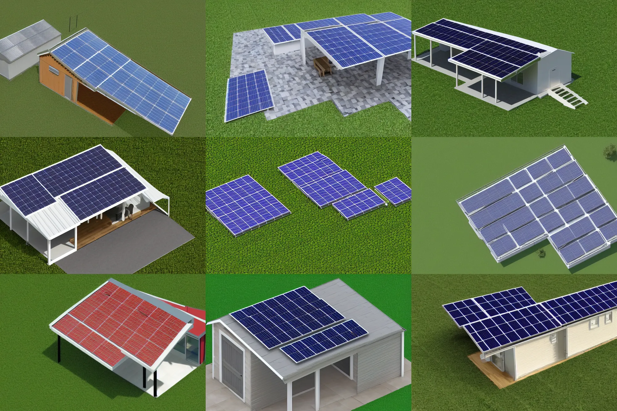 Prompt: Shed roof, covered with 3 rows and 3 columns of solar modules, isometric view