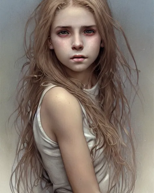 Image similar to portrait of 1 6 - year - old woman with dirty blonde hair down to her waist, pale eyebrows and protuberant silver eyes, wearing white shirt, hyper realistic face, beautiful eyes, fantasy art, in the style of greg rutkowski, intricate, alphonse mucha, hyper detailed, smooth