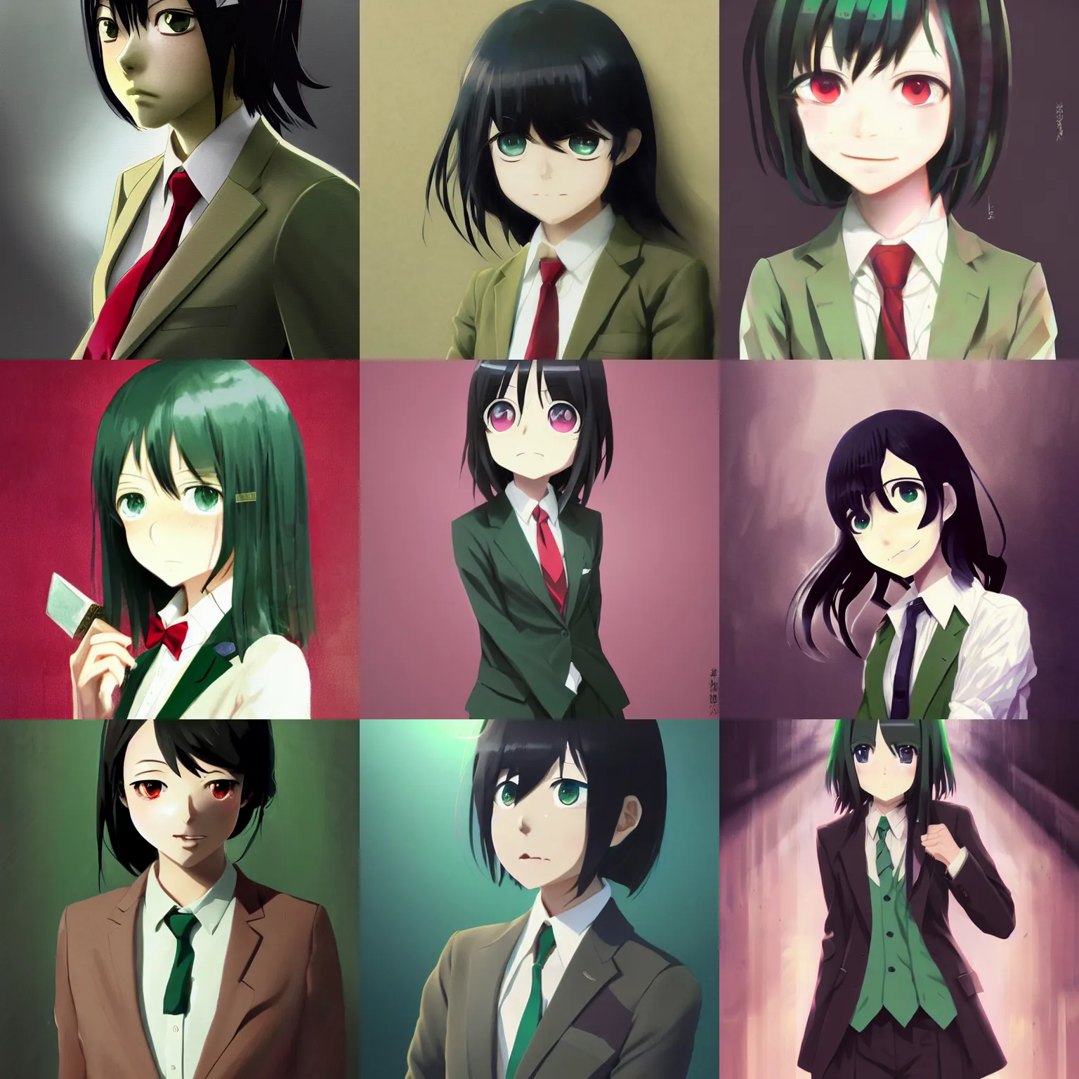 Prompt: cute tomoko kuroki watamote portrait fantastically detailed green eyes green eyes green eyes beige suit red tie by greg rutkowski makoto shinkai kyoto animation ultrahd award winning 4 k 8 k digital art