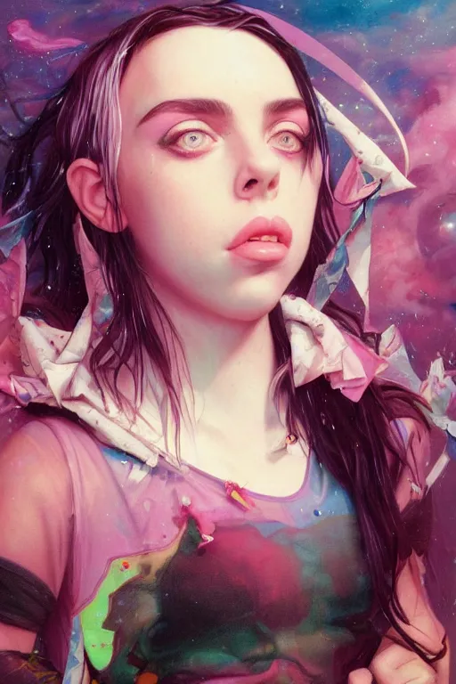 Prompt: billie eilish happy portrait of a vaporwave girl in a cluttered 9 0 s bedroom, by artgerm, tom bagshaw, gerald brom, vaporwave!, vaporwave colors!, lo fi colors, lo fi, 4 k, hd,