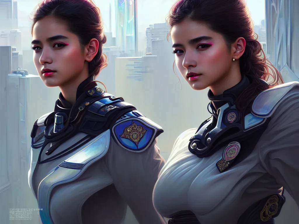 Image similar to portrait futuristic mexico police uniform girl, at future neon light rooftop, ssci - fi and fantasy, intricate and very very beautiful and elegant, highly detailed, digital painting, artstation, concept art, smooth and sharp focus, illustration, art by tan zi and ayanamikodon and alphonse mucha and wlop