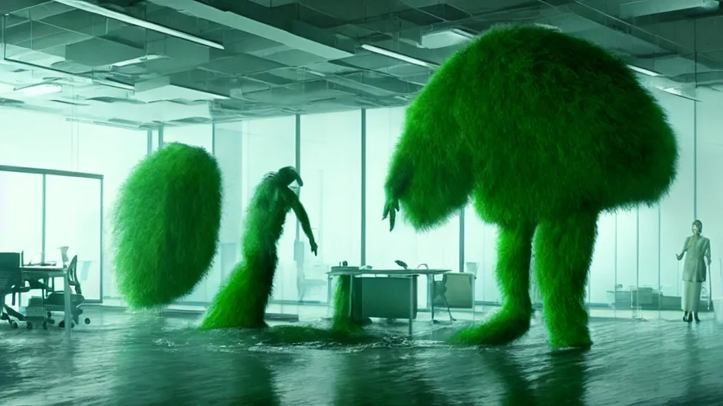 Prompt: the strange giant creature in the office, made of Chlorophyll and water, film still from the movie directed by Denis Villeneuve with art direction by Salvador Dalí