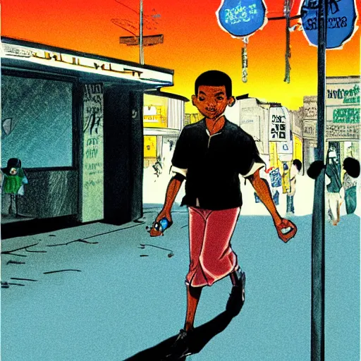 Image similar to glossy old advertising poster, young will smith walking through crowded bel air street, drawn comic by junji ito, pastels, gradient