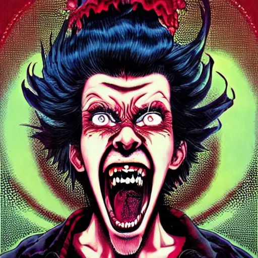 Image similar to portrait of crazy screaming post malone with red eyes like hal 9 0 0 0, as vampire, symmetrical, by yoichi hatakenaka, masamune shirow, josan gonzales and dan mumford, ayami kojima, takato yamamoto, barclay shaw, karol bak, yukito kishiro