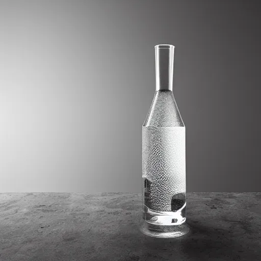 Prompt: an award - winning photo of a translucent glass vodka bottle in the shape and style of a propane cylinder designed by le corbusier, dramatic studio lighting, 2 4 mm, wide angle lens, ƒ / 8, behance, intricate details, 8 k