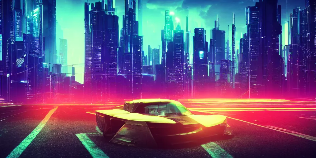 Prompt: cyberpunk car synthwave neon lights driving fast with city visible in the background, the road extends out towards the horizon, 3d render