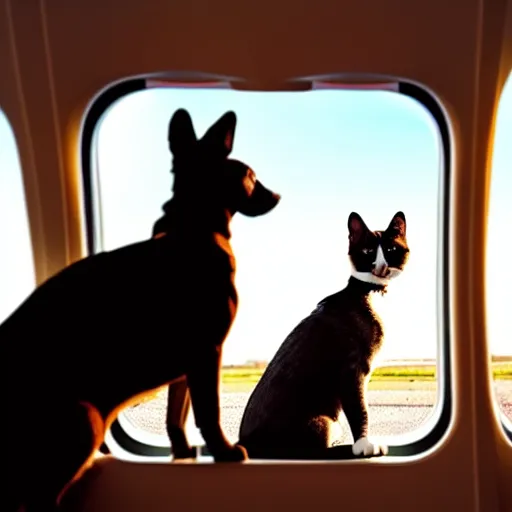 Prompt: photograph of row of airplane seats with a dog looking out the window, photograph of cat sitting next to a dog on an airplane, dog and cat sitting together on an airplane, cat and dog next to each other on an airplane, midday photograph, 4 k, award winning