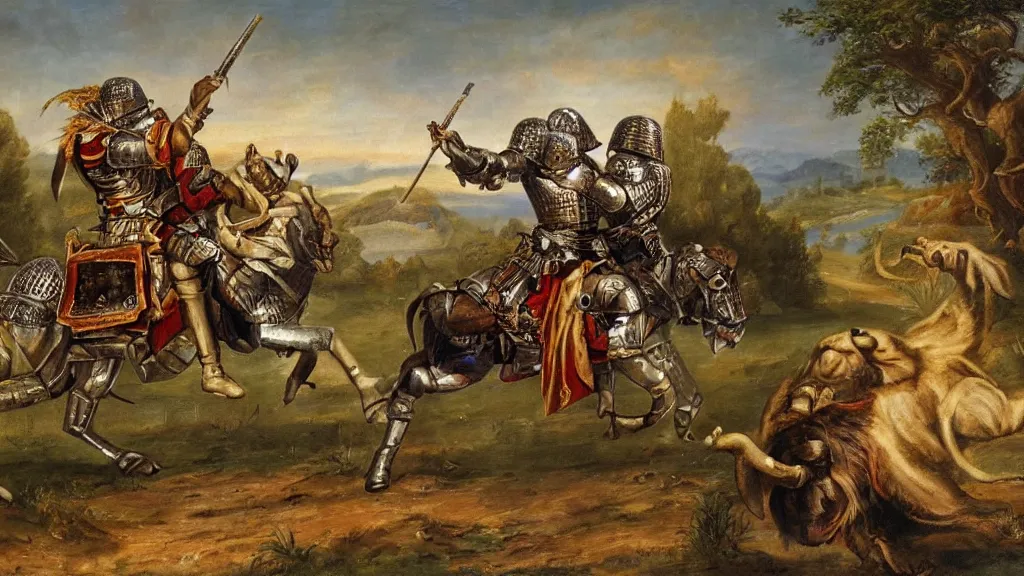 Prompt: fully armored knight wielding an automatic weapon fighting a lion in a medieval setting, painted by bob ross