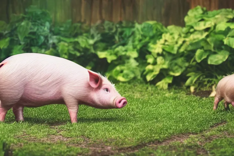 Image similar to a pig wearing a sunhat!!! garden! hyper realistic!! realistic lighting!! wildlife photographer of the year!!! bold natural colors, national geographic, hd, wide angle, 8 k