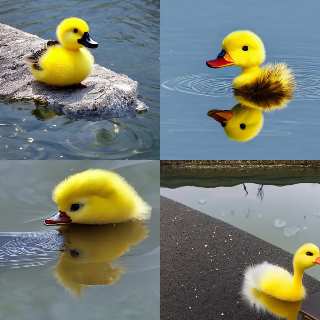 Prompt: hyperrealistic yellow cute duckling with adorable teary eyes and gold feathers, dropped ice cream next to a lake, photo, b / w nature