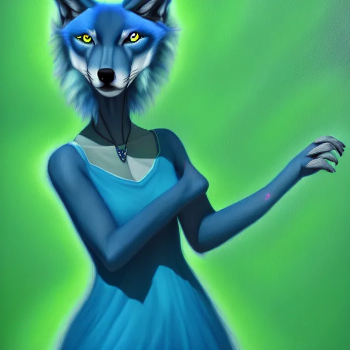 Image similar to a digital painting of a blue anthropomorphic female wolf fursona wearing a green dress, symmetry, focus, furry art, soft lighting, oil on canvas, hyper detailed