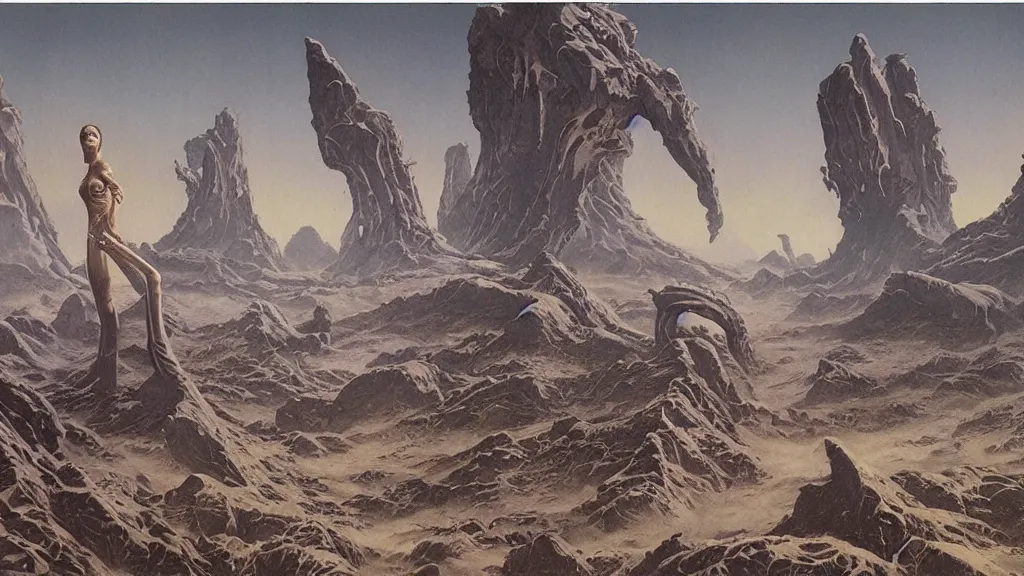 Image similar to eerie atmospheric evolving alien planet by gerald brom and vincent di fate, epic cinematic matte painting